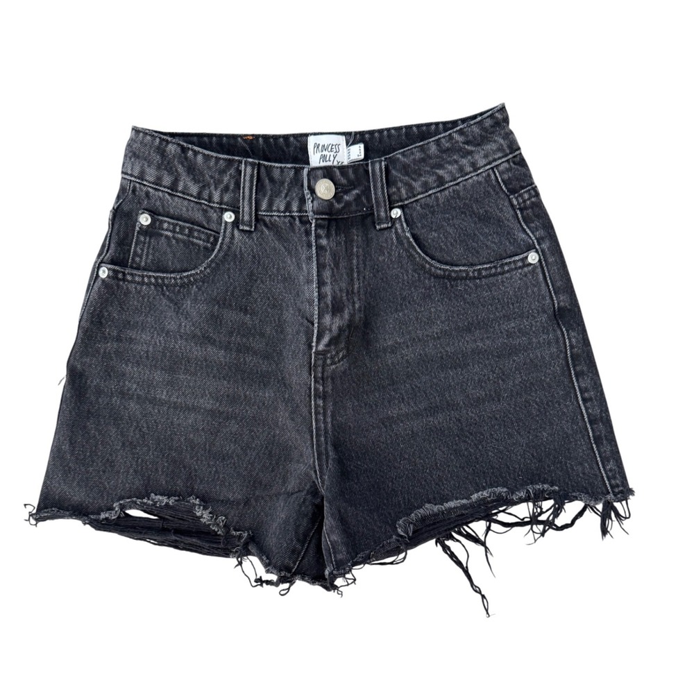 Princess Polly XX Black Denim High Waisted‎ Mom Shorts Frayed Hem Women's